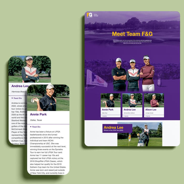 LPGA landing page featuring photos of the players and a background image of a golf course with a purple overlay